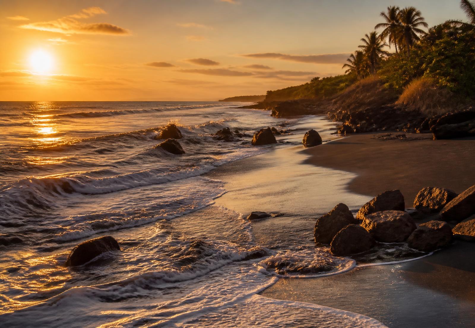 Pacific shoreline at sunset in La Libertad